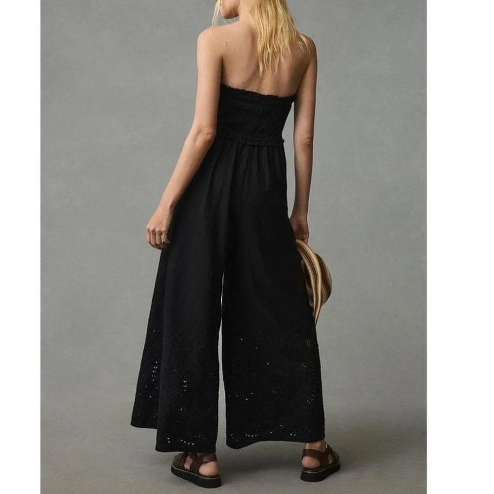 Anthropologie Strapless Eyelet Jumpsuit Black